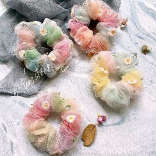 [Tím.Little] Ảnh thật SCRUNCHIES CÚC CẦU VỒNG 2 LỚP CỘT TÓC VẢI