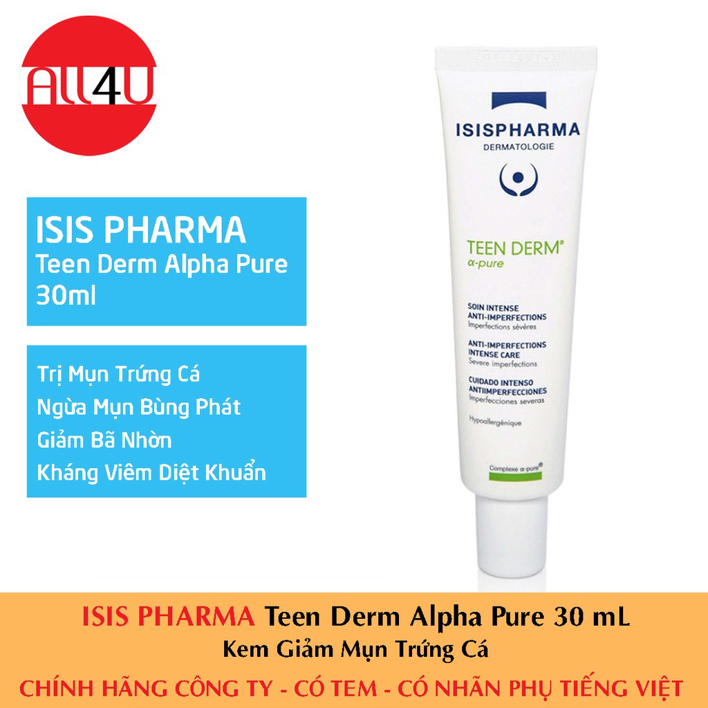 [CHÍNH HÃNG CÓ TEM] ISIS Pharma Teen Derm Alpha Pure 30 ml - Kem Giảm Mụn Trứng Cá 30mL.