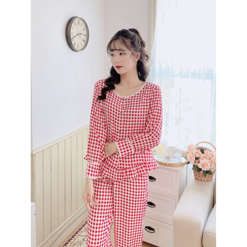 Đồ bộ ngủ tay dài quần dài JANE vải thô cotton kẻ viền bèo - màu đỏ K601