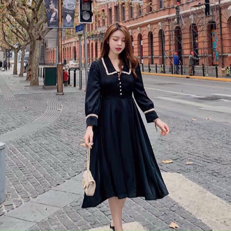 đầm dáng xuông kiểu sơ mi tay dài cổ bẻ đính nút
