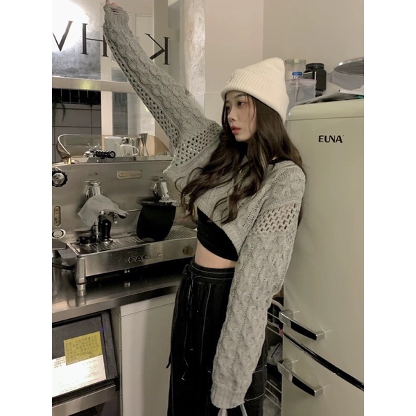 Áo croptop dệt kim tay dài cổ tròn phong cách hot trend siêu mới - hàng có sẵn