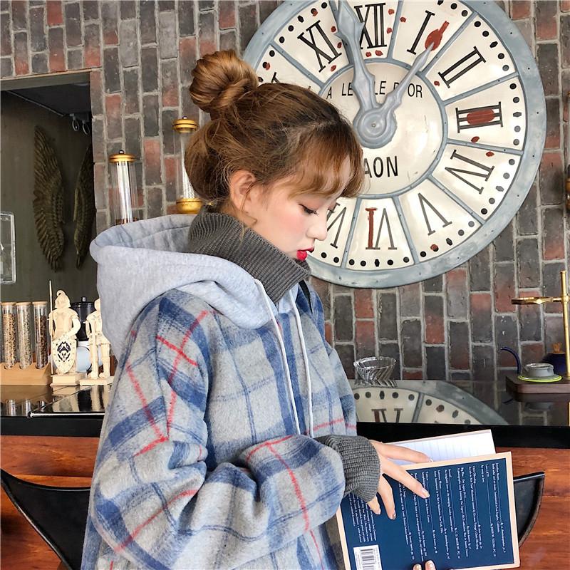 Áo hoodie có nón tay dài họa tiết ca rô dễ thương đáng yêu xinh xắn cho nữ