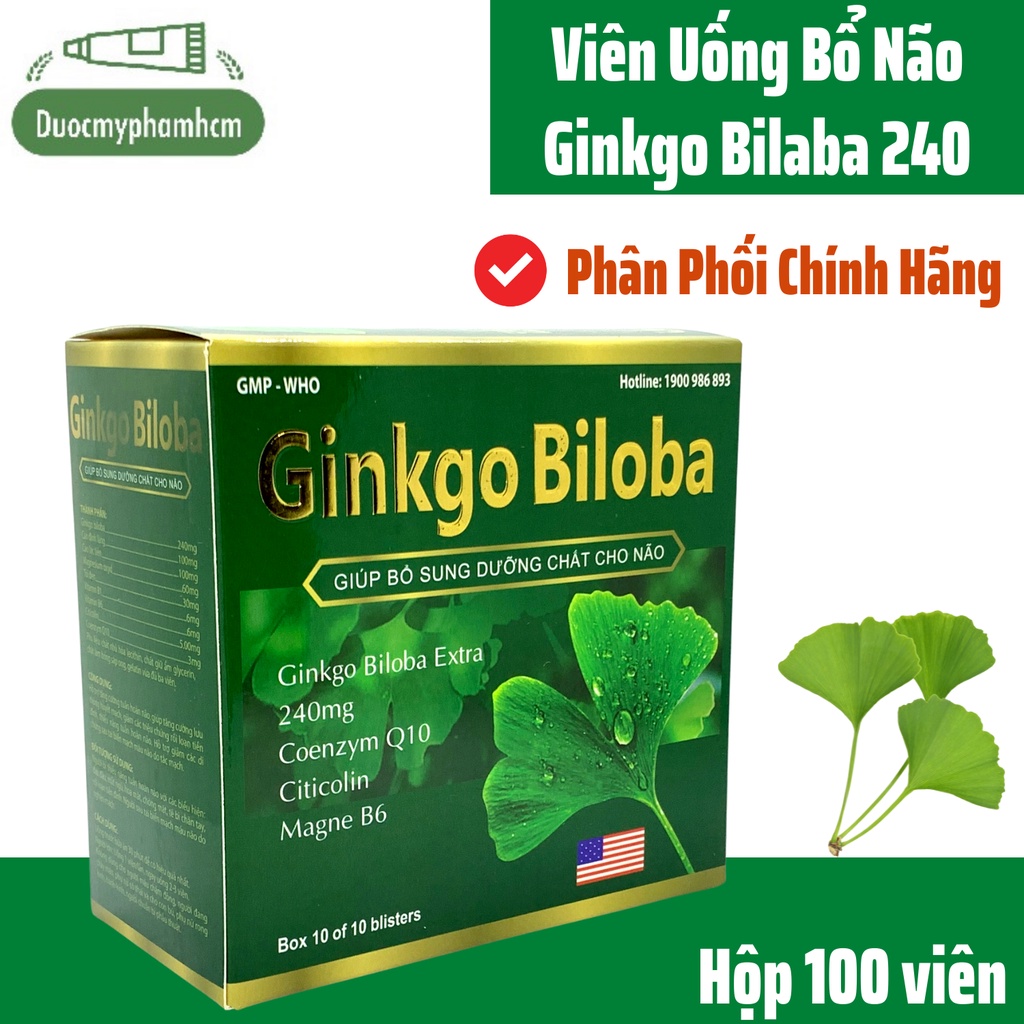Viên uống bổ não GINKGO BILOBA 240mg, Tăng Cường Trí Não, Giẩm Hoa Mắt Chóng Mặt – HỘP 100v