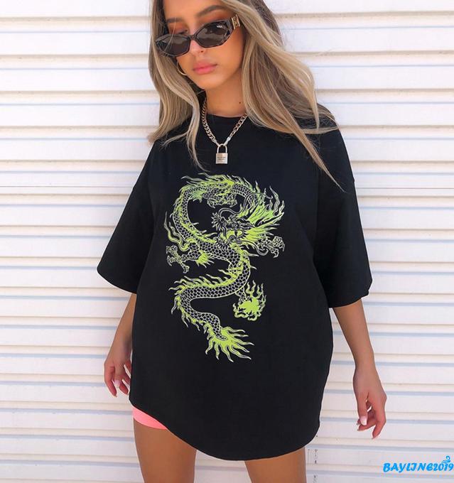 Áo thun tay ngắn họa tiết con rồng Trung Hoa truyền thống cho nữ