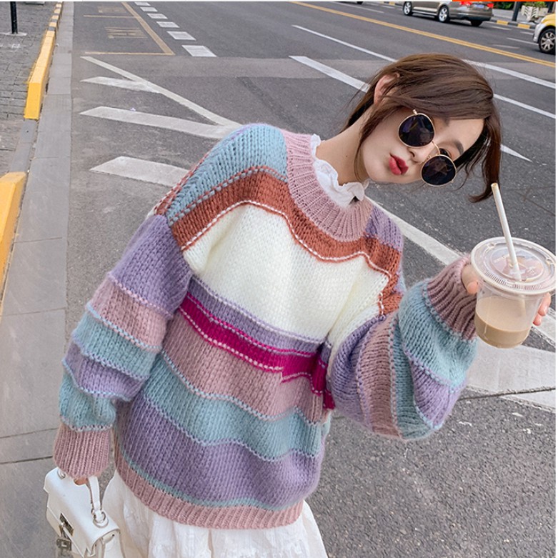 Áo sweater thời trang dáng rộng phong cách Hàn Quốc họa tiết sọc cá tính