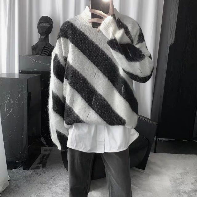 [SẴN] Áo len lông sọc đen trắng chéo cổ tròn OFF-WHITE style Ulzzang Hàn quốc siêu chất