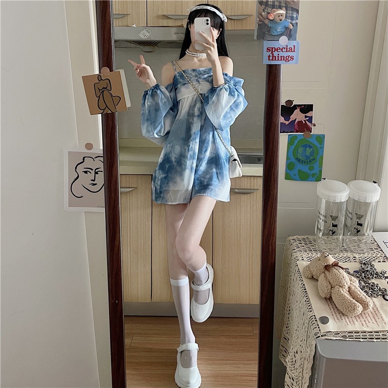 Váy Voan Xanh 2 Dây Mix Tay Áo Dài Loang Màu - Feedback Ảnh Cuối