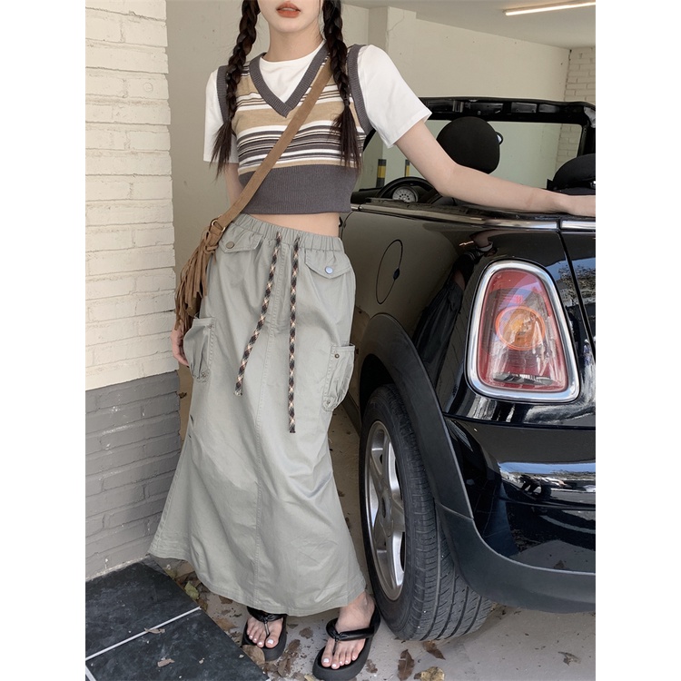 HUANG YOYO Áo Dệt Kim Hai Lớp Họa Tiết Kẻ Sọc Màu Tương Phản Thời Trang Hàn Quốc Dễ Phối Đồ