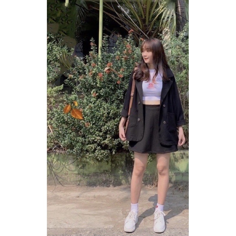 SET BLAZER TRƠN 2 món- CHÂN VÁY LƯNG THUN SAU (Ảnh thật)