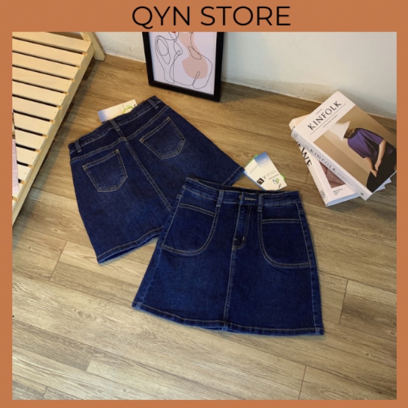 Chân Váy Jeans Chữ A Co Dãn 2 Túi Cạp Cao