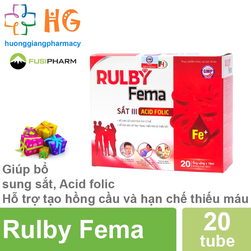 Sắt nước Rulby Fema sắt cho bà bầu giúp bổ sung sắt bầu Acid folic bổ máu sắt hữu cơ cho cơ thể Hộp 20 ống