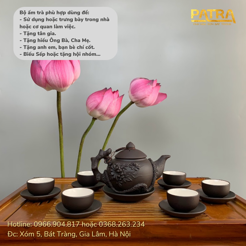 Bộ ấm chén uống trà cao cấp , bộ ấm trà Bát Tràng - trường sa hoa mai đắp nổi