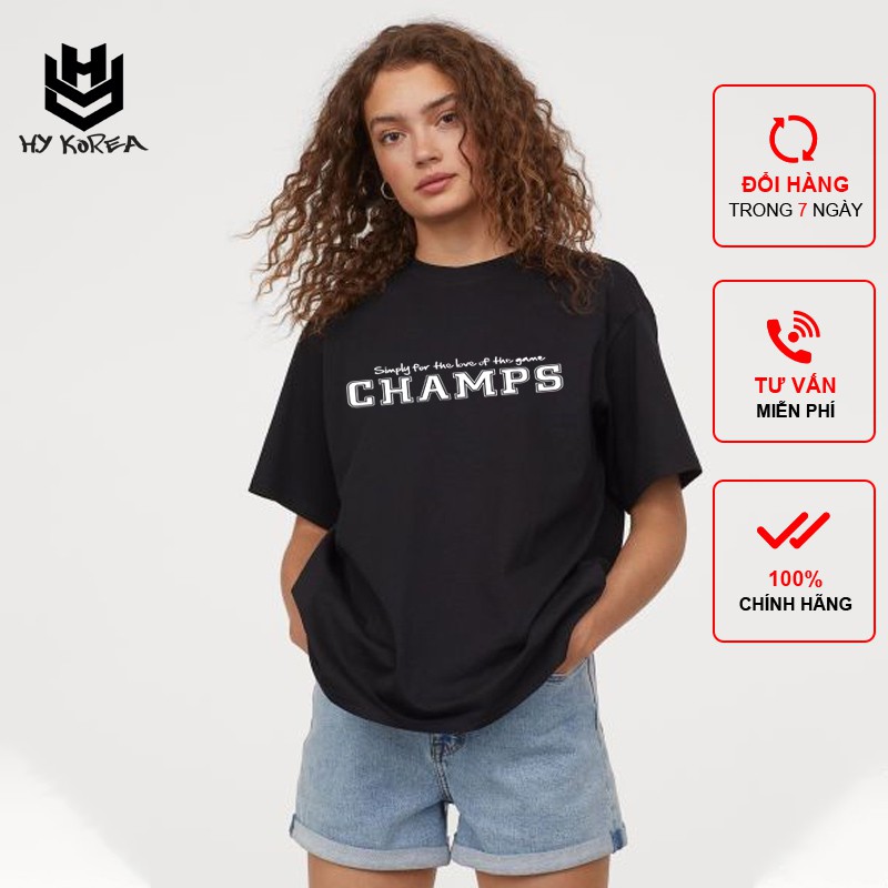 Áo Thun Nam Nữ HY KOREA Phom Rộng Tay Lỡ In Hình CHAMPS, Vải Cotton 75% Dày Mềm Mịn Đẹp.