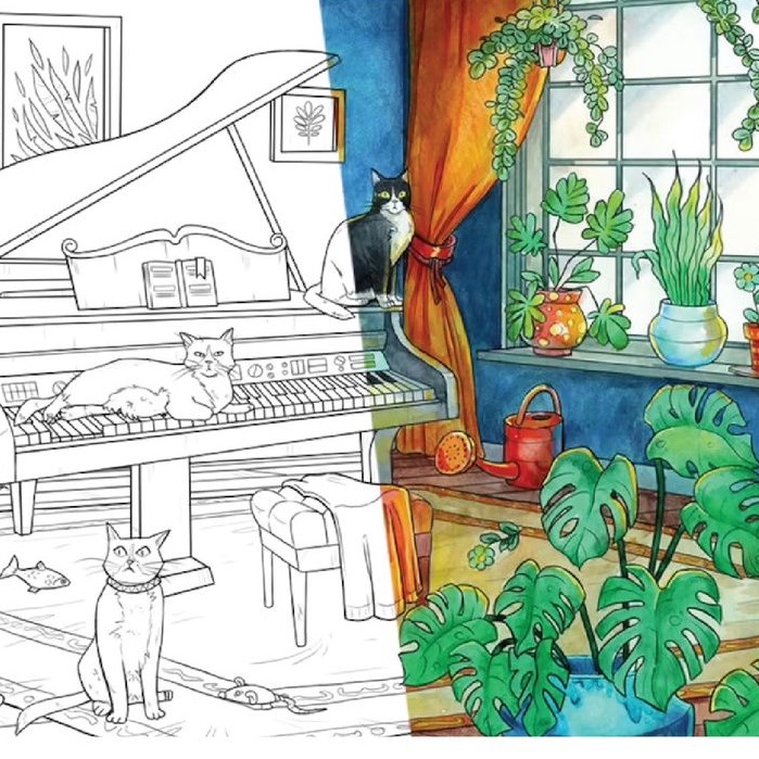 Line art tranh tô màu bộ tranh nội thất combo 12 tranh giấy dầy vẽ màu nước