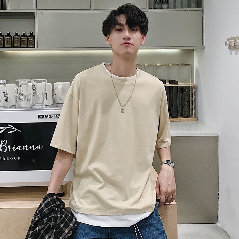 Áo Thun Ngắn Tay Giả Hai Lớp Cổ Tròn Form Rộng Thời Trang Mùa Hè Cho Nam