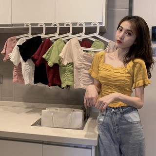Áo Dệt Kim Tay Ngắn Cổ Vuông Màu Trơn Thời Trang Cho Nữ