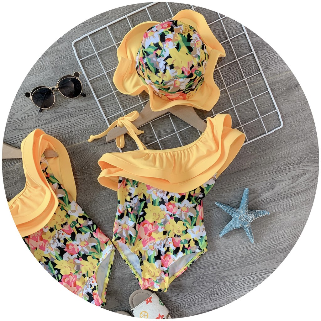 (12-27kg)QCCC Bikini mùa hè rực rõ hoa vàng kèm nón cho bé gái