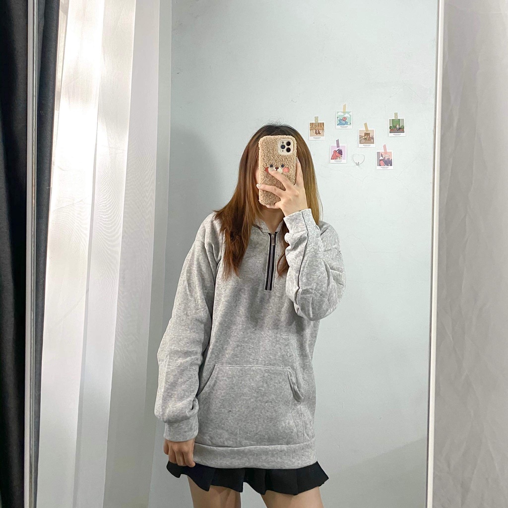 [Xả hàng] Hodie nỉ bông xám mũ khóa cổ cute siêu xinh | BigBuy360 - bigbuy360.vn