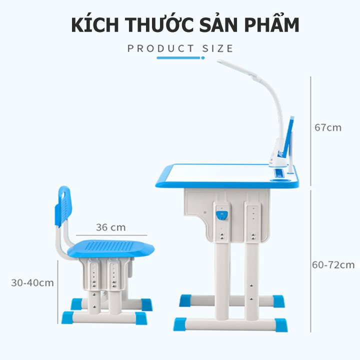 Bộ bàn ghế học sinh tiểu học có điều chỉnh chiều cao bàn và ghế (tặng kèm đèn cảm ứng và giá đỡ sách)