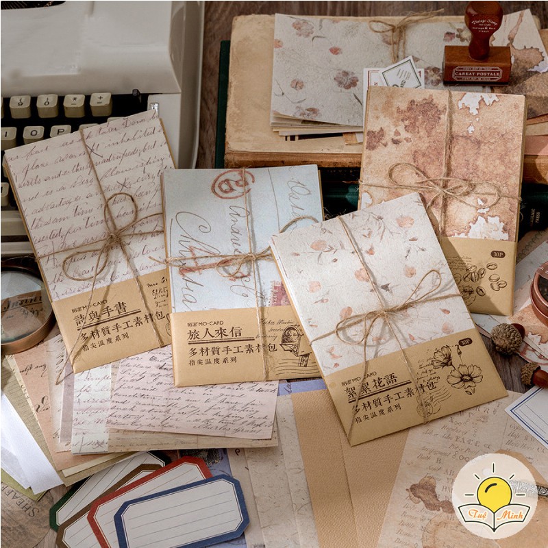 Set 30 tờ giấy hoa lá khô Vintage trang trí sổ, tấm giấy nền Bullet Journal, take note