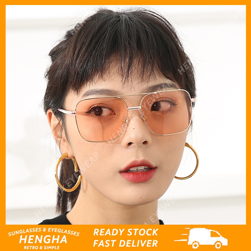 (HENGHA) Kính Râm Gọng Vuông Đôi Bằng Kim Loại Đơn Giản Thời Trang Retro Oversize