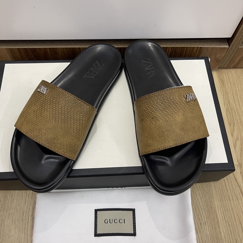 (Da Bò Thật ) dép quai ngang nam Da Bò thật quai vàng đế đen kèm video)