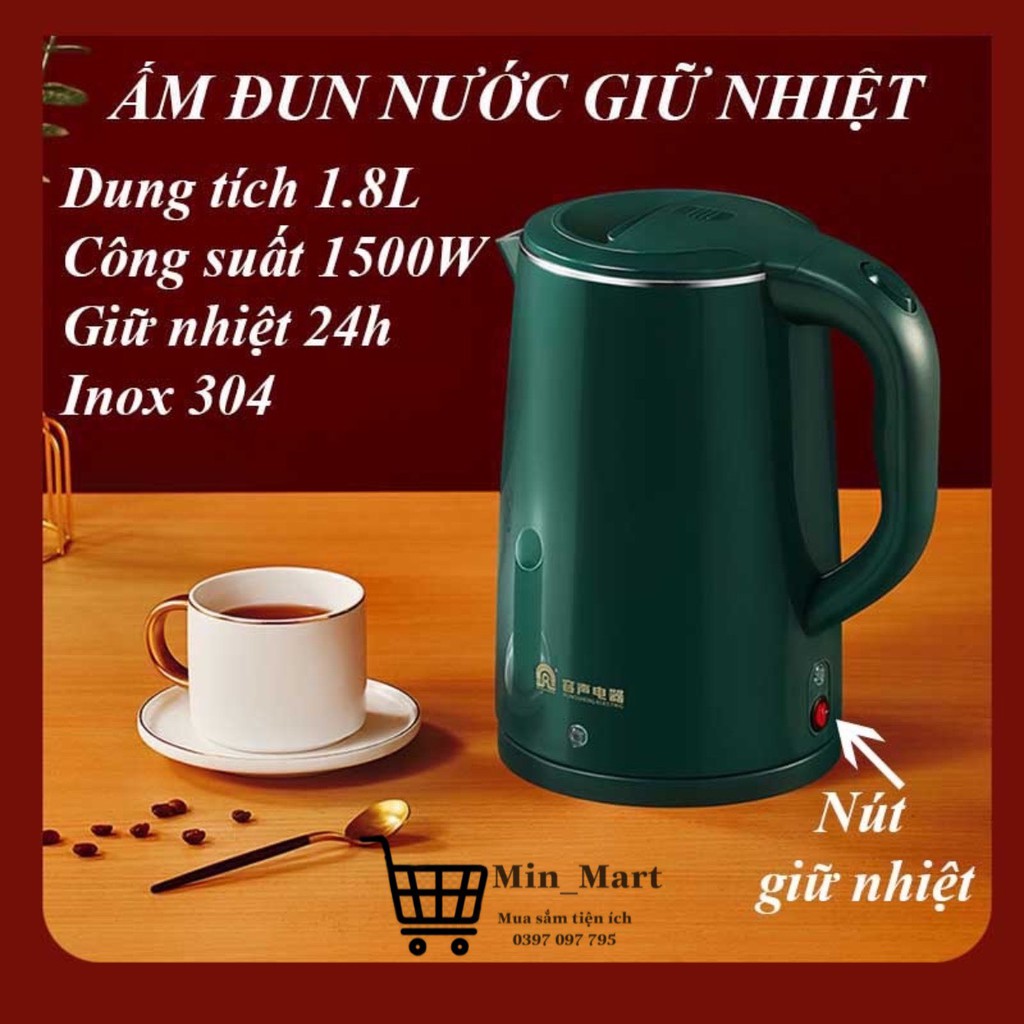 Ấm Siêu Tốc Giữ Nhiệt, Bình Đun Nước Siêu Tốc Inox Đa Năng, Dung Tích 1.8 Lít, Công Suất 1500W, Bảo Hành 6 Tháng