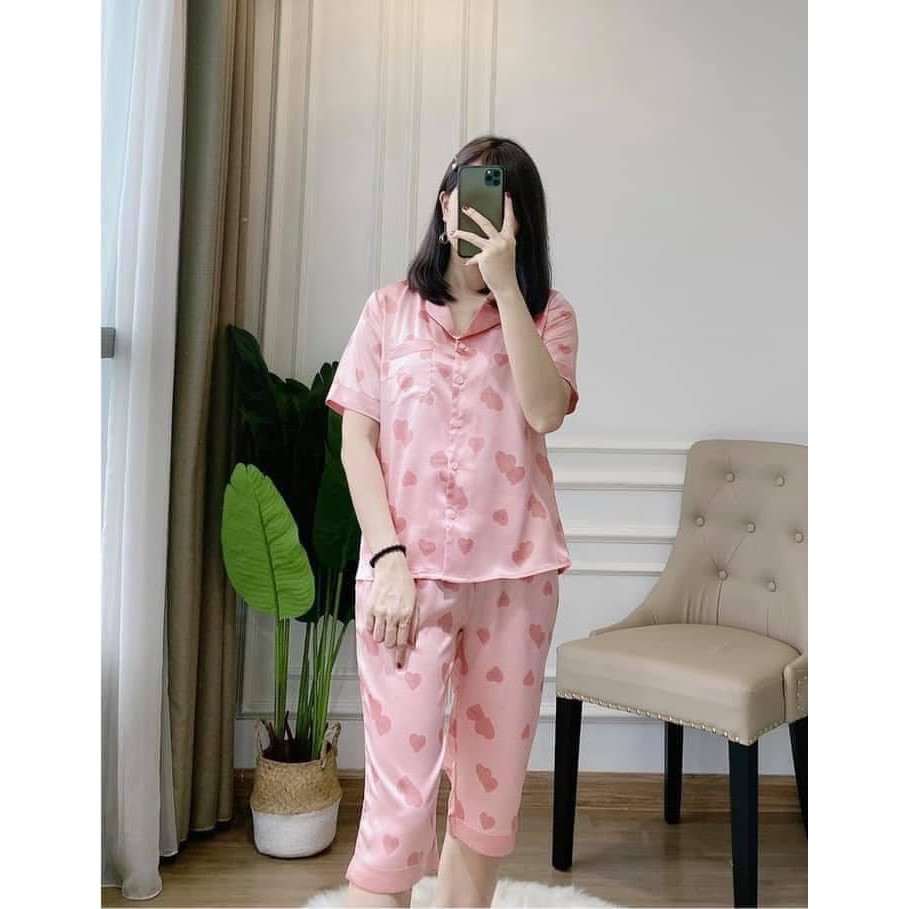 Bộ Pizama Lụa Tằm Họa Tiết Tim