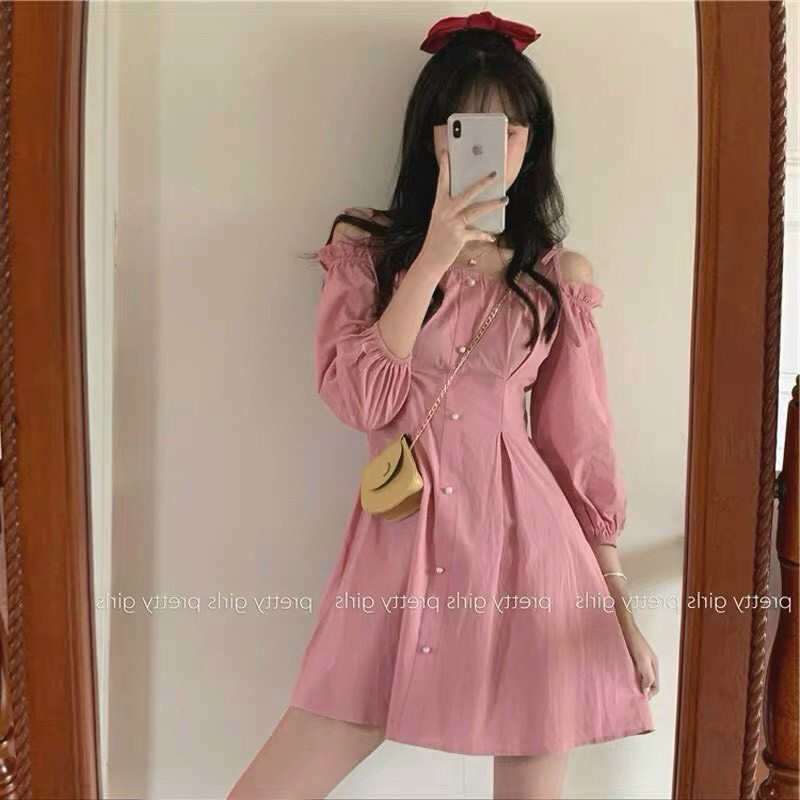 Đầm tiểu thư, đầm hồng trễ vai tay phồng,đầm phối nút bẹt vai dáng xoè đi chơi xinh xắn dễ thương