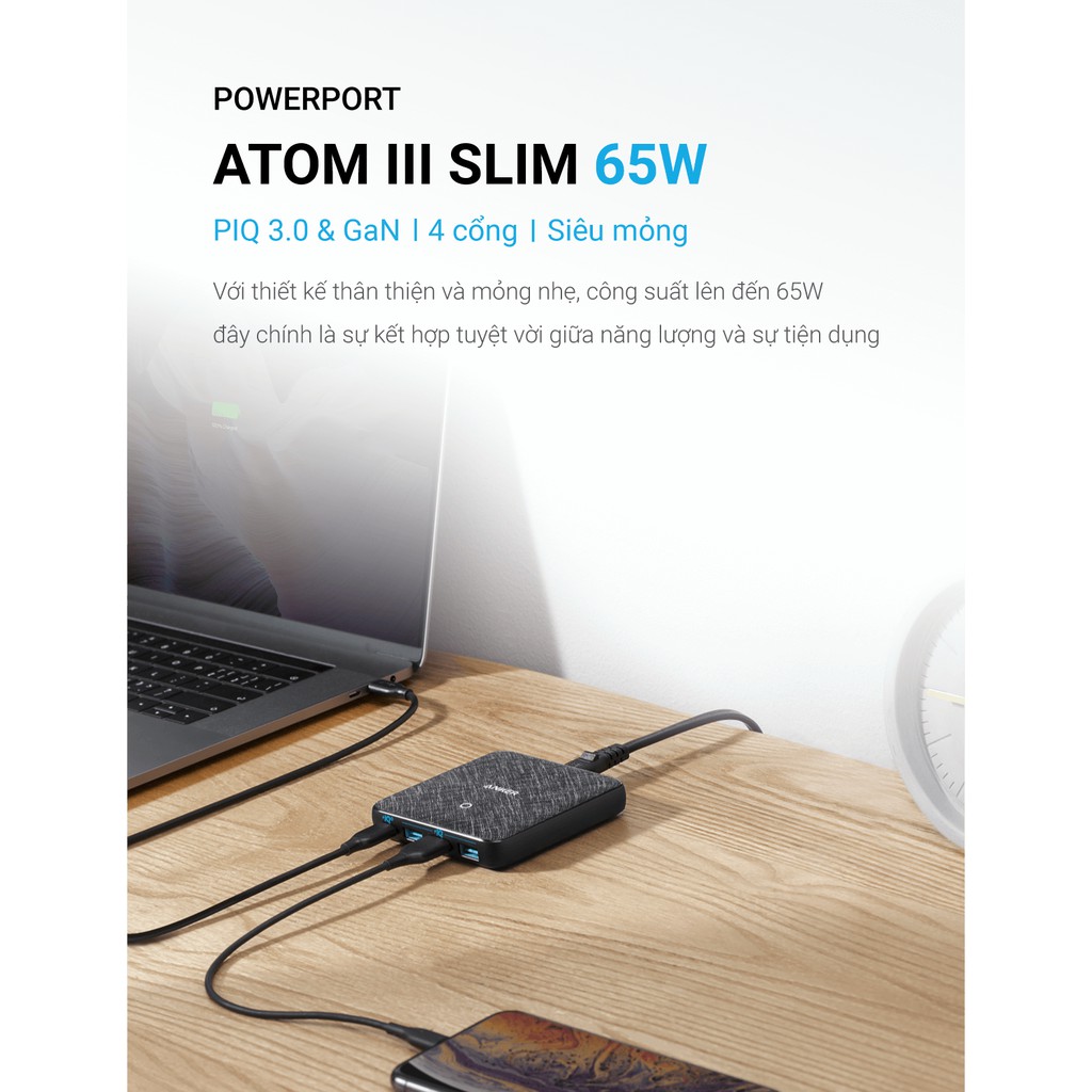 Sạc ANKER 4 cổng PowerPort Atom III Slim 65w PIQ 3.0&GaN - A2045