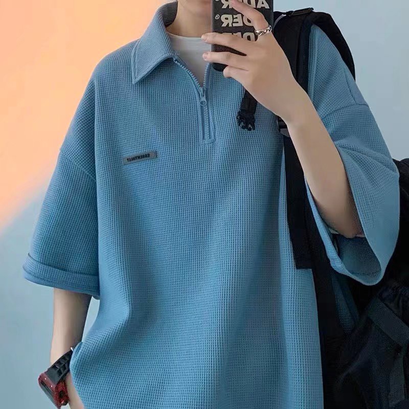 Áo polo Ngắn Tay Dáng Rộng Màu Trơn Phối Khóa Kéo Thời Trang Unisex