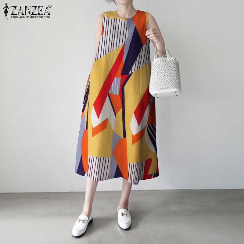 Đầm Midi Zanzea Không Tay In Hoạ Tiết Hình Học Phối Túi Hai Bên Thời Trang Cho Phụ Nữ