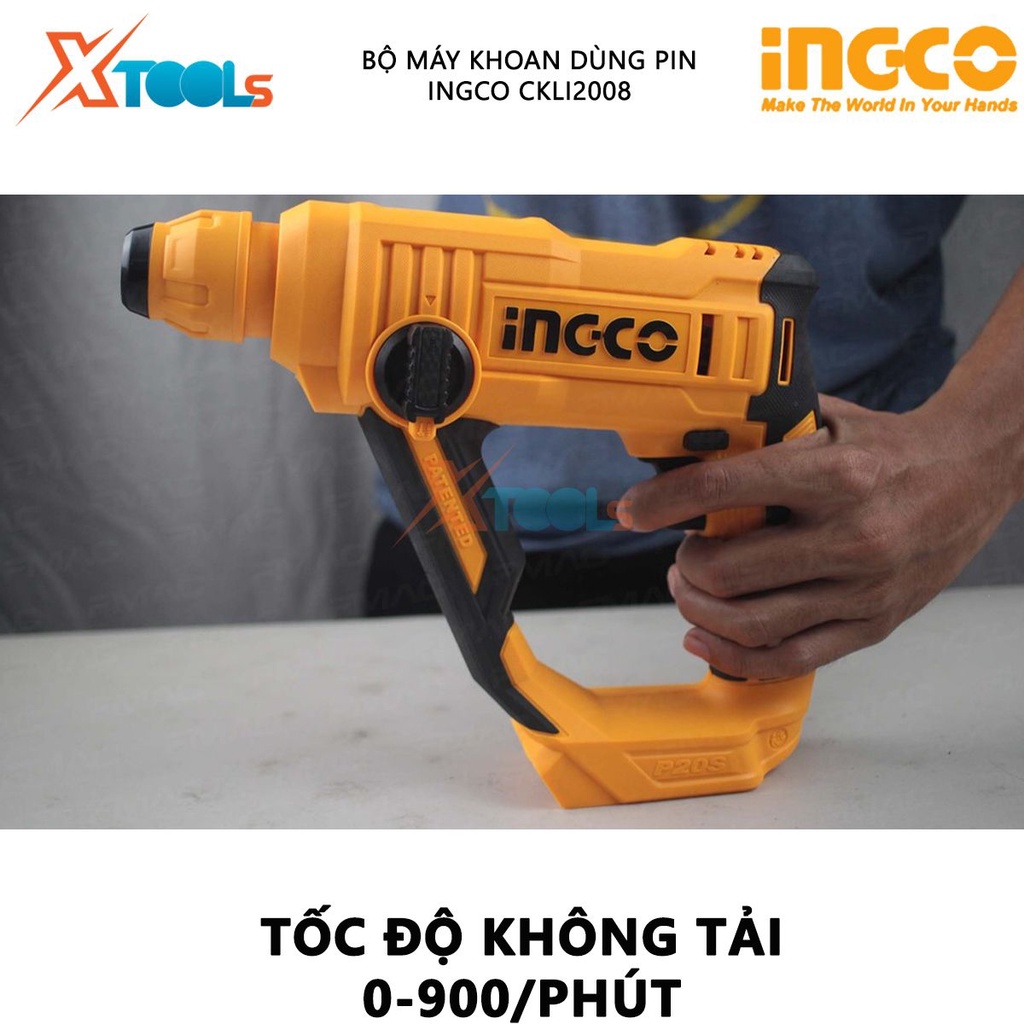 &quot;Bộ máy khoan bắn vít 10mm và máy khoan bê tông dùng pin 20V Ingco CKLI2008 kèm 2 pin 2.0ah và 1 sạc nhanh điện thế sạc