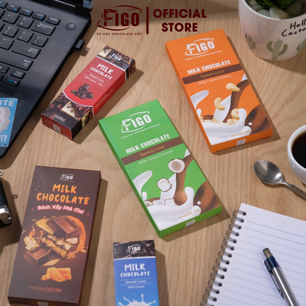 Combo 3 Hộp Socola 50% Cacao FIGO 50gr, cực tiết kiệm, Milk Chocolate nhân Sữa dừa, Phô mai, Hạt điều, ĂN LÀ NGHIỀN