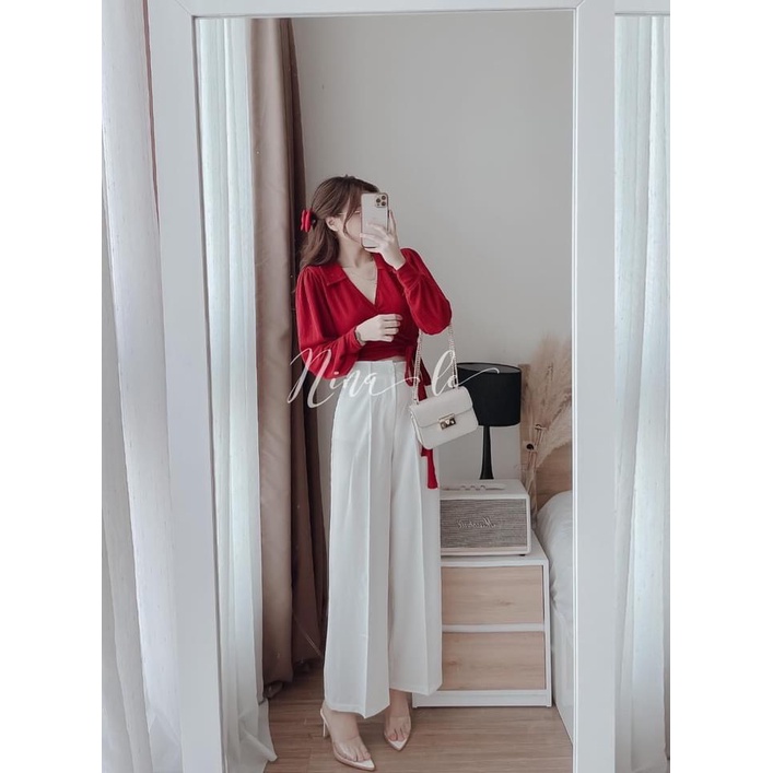 Set áo chéo vạt thắt nơ mix quần sớ