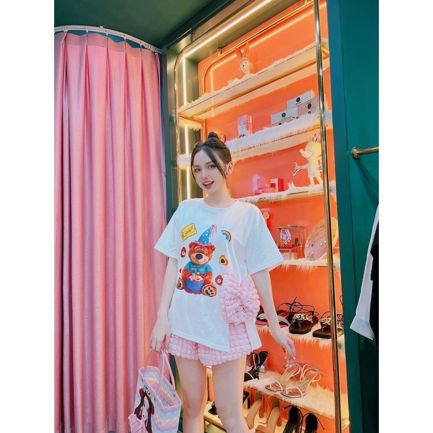 sét bộ đùi quần xốp phối áo thun in gấu xẻ ta nơ hot