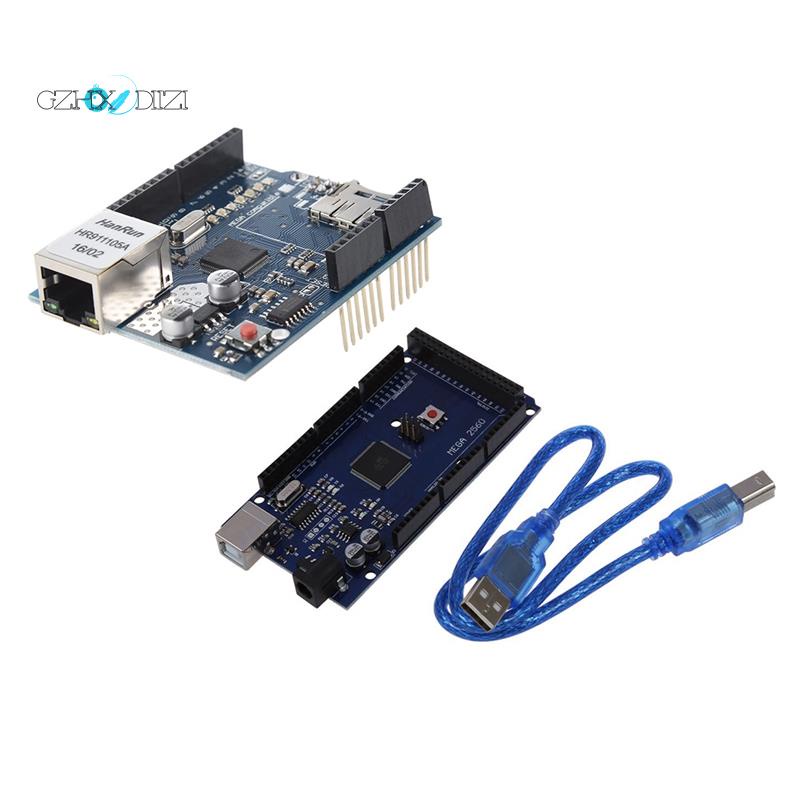 1 Bảng Mạch Điều Khiển Atmega2560 16au + Cáp Usb Cho Arduino Mega 2560 R3 Ule & 1pcs Ethernet Shield Uno Mega 1280 W5100