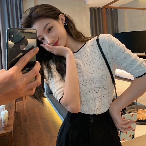 Áo thun ZHELIHANGFEI dệt kim tay ngắn phong cách Pháp thời trang mùa hè 2022 dành cho nữ