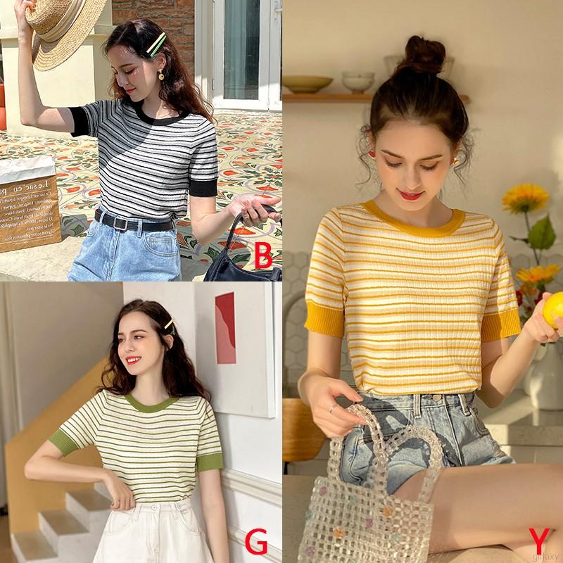 Áo thun ngắn tay cổ tròn họa tiết sọc ngang phong cách Hàn Quốc trẻ trung