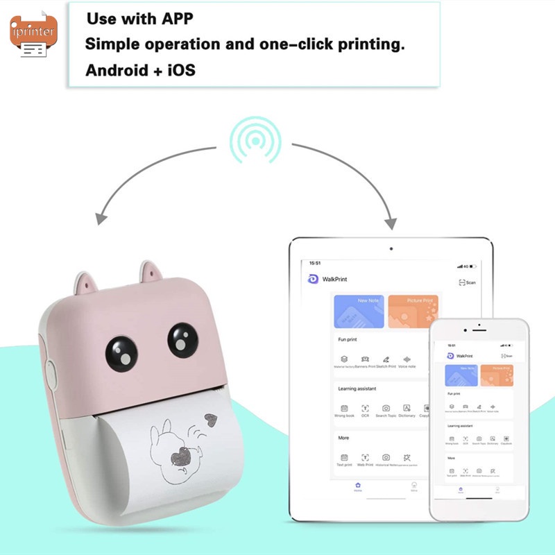Máy in ảnh mini không dây bluetooth đa năng thiết kế hình thỏ xinh xắn