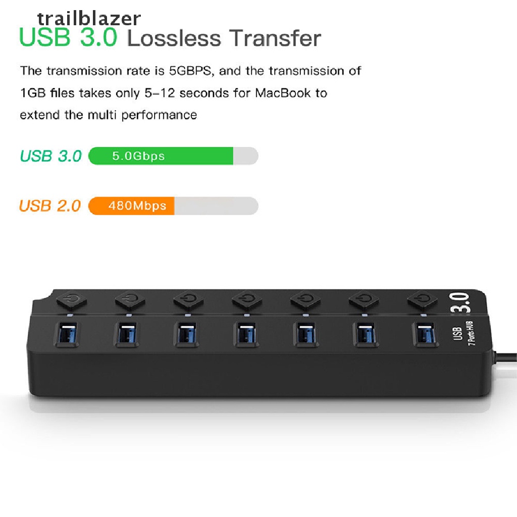 trailblazer 4/7 Port USB 3.0 Hub 5Gbps High Speed On/Off Switches AC Power Adapter For PC UIO