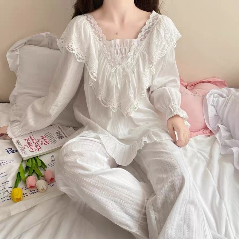 New BTS 2022 SET ĐỒ BỘ TIỂU THƯ MẶC NHÀ TRẮNG CỔ V REN QUẢNG CHÂU rẻ nhất shopee