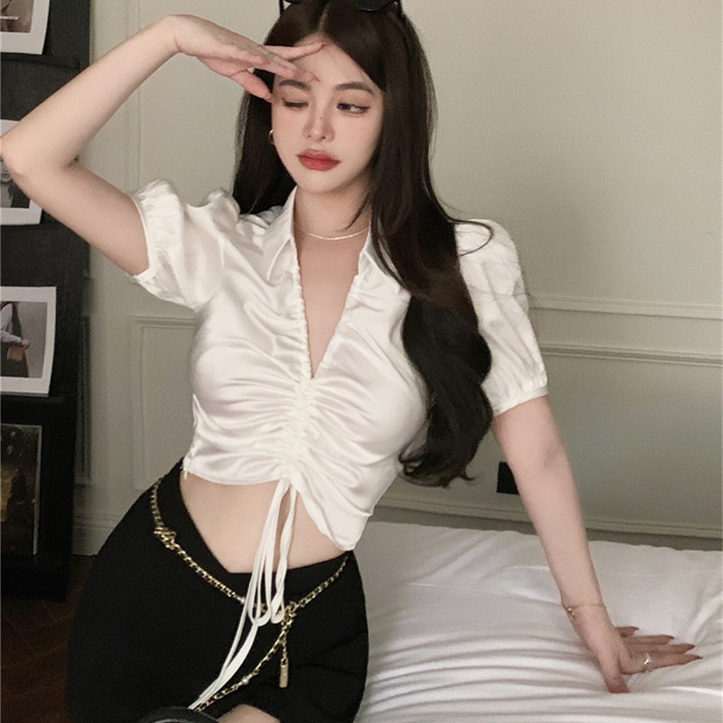 Áo Croptop Tay Ngắn Cổ POLO Thiết Kế Gợi Cảm Cho Nữ