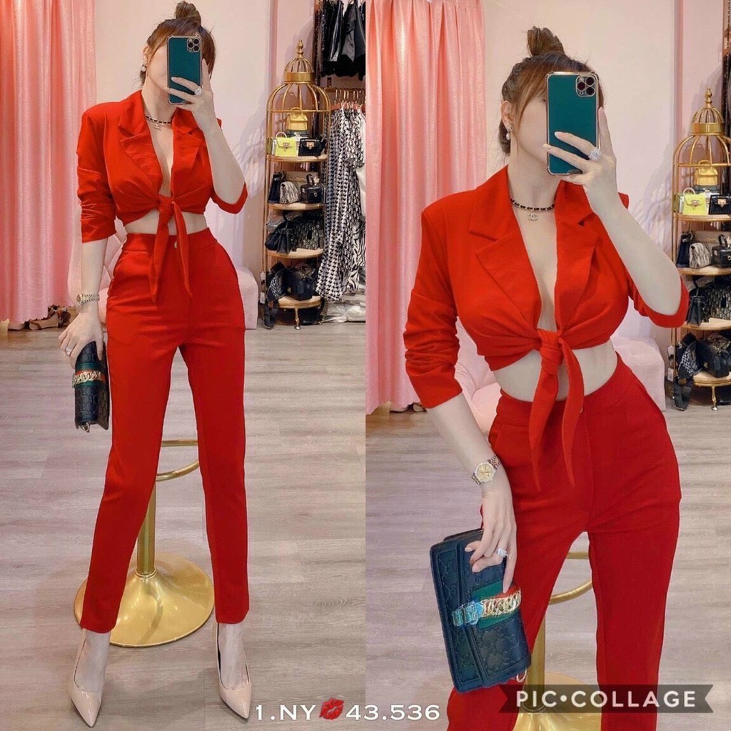 sét áo cổ vest tay dài buộc bụng quần ống đứng siêu đẹp thời trang phong cách hàn quốc m5353