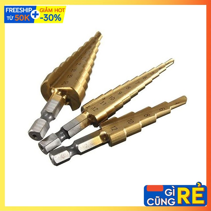 Bộ 3 Mũi khoan tháp, bước 4-32mm khoan sắt nhôm tôn chuôi lục giác