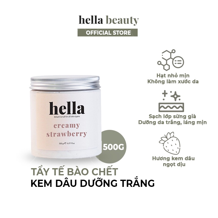 Tẩy Tế Bào Chết Body Kem Dâu 500G Hella Beauty Dành Cho Da Nhạy Cảm Giúp Mờ Thâm, Dưỡng Trắng Da Toàn Thân