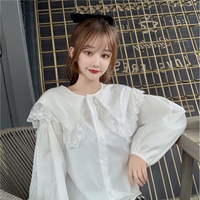 áo sơ mi cổ sen viền ren ulzzang ảnh thật