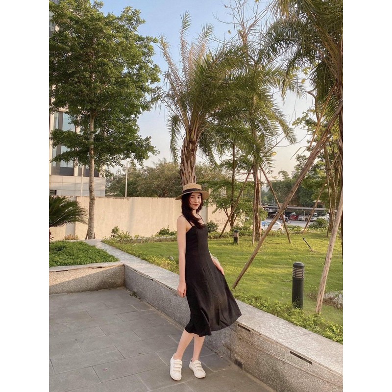 Váy hai dây dáng dài, Đầm hai dây chất đũi mịn hai lớp, dáng suông dài qua đầu gối, kiểu đẹp, phong cách Hàn Quốc