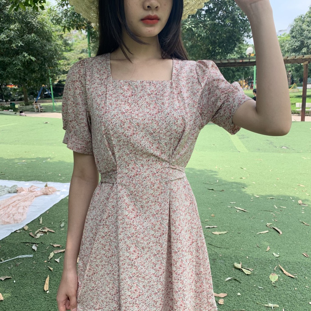 Váy đầm hoa nhí cổ vuông có dây buộc eo mới về nha -   shoop lanang_vn