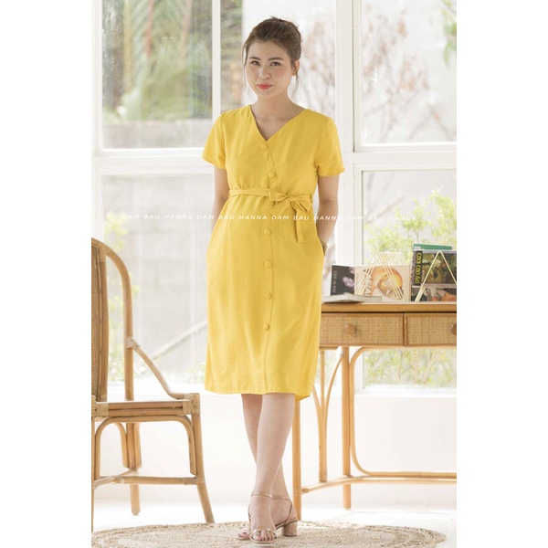 [HANNA] Đầm bầu công sở cao cấp vải đũi cotton cao cấp 1 lớp mềm mát mùa hè CÓ 3 SIZE 40-78KG fom A mặc bầu và sau sinh